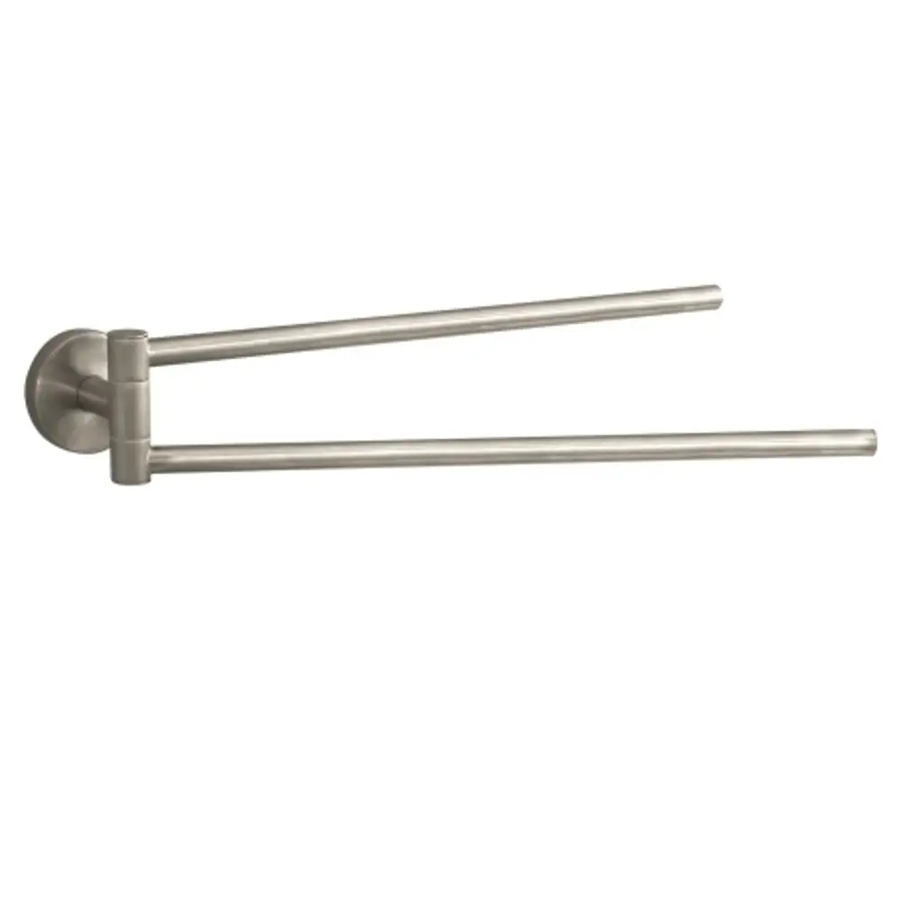 Hansgrohe Handtuchhalter mit zwei Armen in gebürstetem Nickel, montiert an einer Wand, mit einfacher, geradliniger Konstruktion.